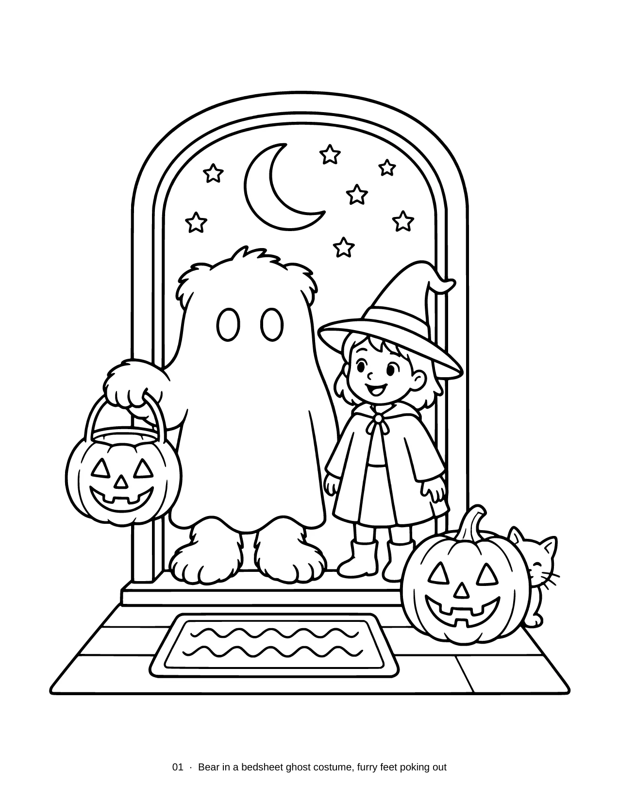 Bold thick-line coloring page. A bear in a ghost sheet, furry feet and a snout showing, stands in an arched doorway beside a child dressed as a witch. A pumpkin sits on the step and a small cat is on the porch. The caption reads: Bear in a bedsheet ghost costume, furry feet poking out.