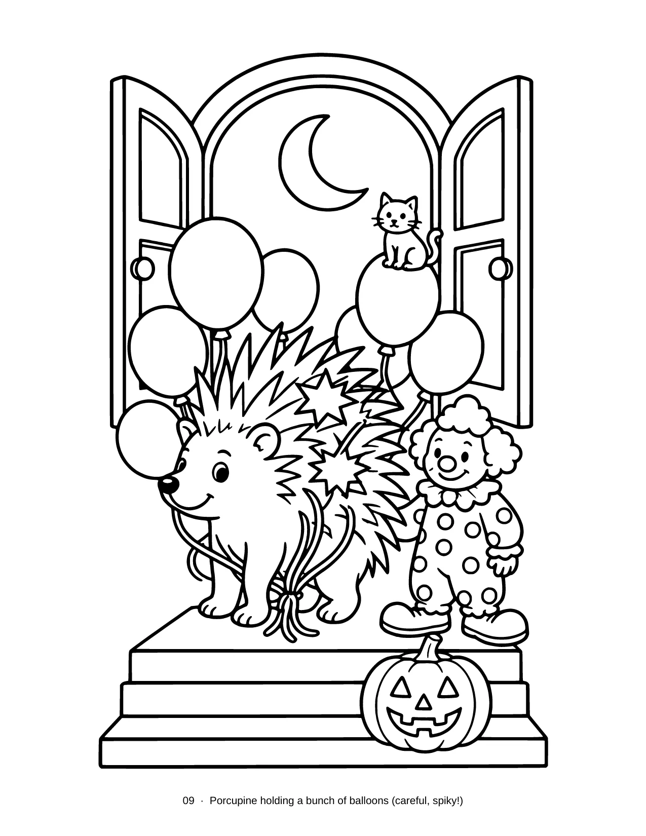 Bold thick-line coloring page. A porcupine holds a bunch of round balloons at a front door, with trick-or-treaters nearby, including a ghost and a pumpkin. The caption reads: Porcupine holding a bunch of balloons.