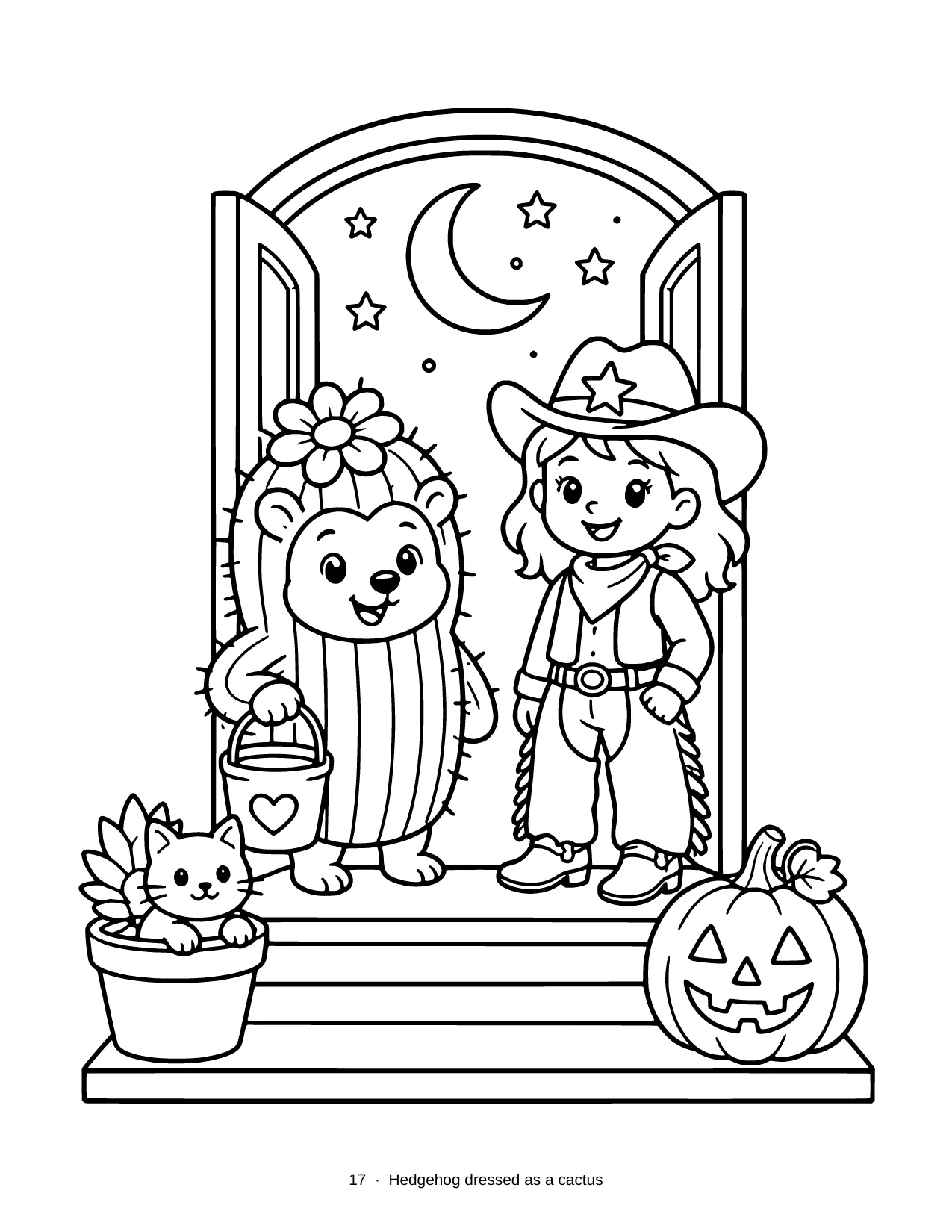 Bold thick-line coloring page. A hedgehog dressed as a cactus, with spines sticking out, stands at a front door with other trick-or-treaters. The caption reads: Hedgehog dressed as a cactus.