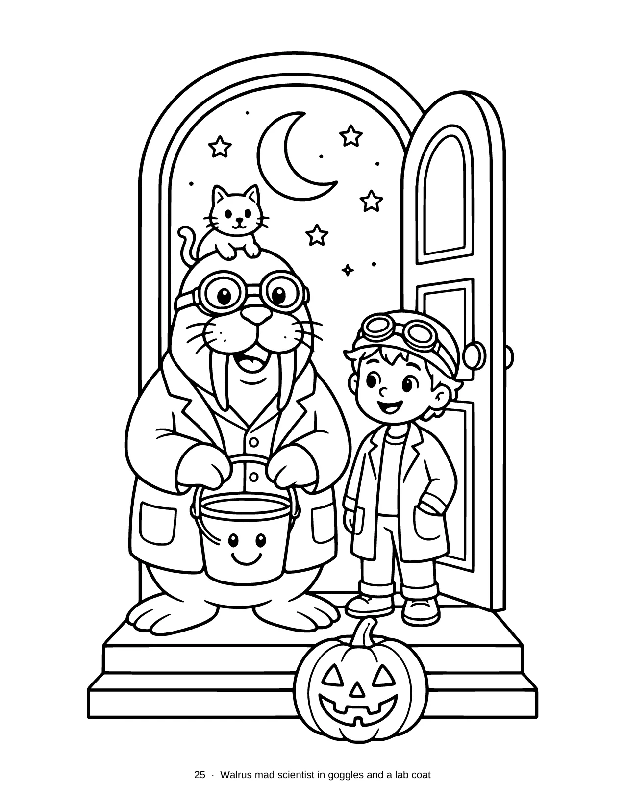Bold thick-line coloring page. A walrus dressed as a mad scientist, in goggles and a lab coat, stands at a front door with trick-or-treaters. The caption reads: Walrus mad scientist in goggles and a lab coat.