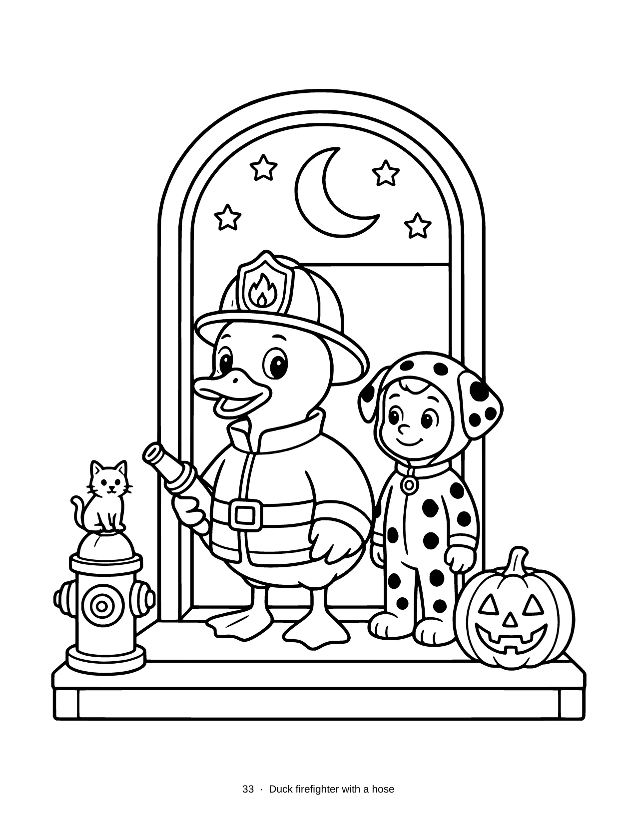 Bold thick-line coloring page. A duck dressed as a firefighter holds a hose at a front door, with other trick-or-treaters. The caption reads: Duck firefighter with a hose.