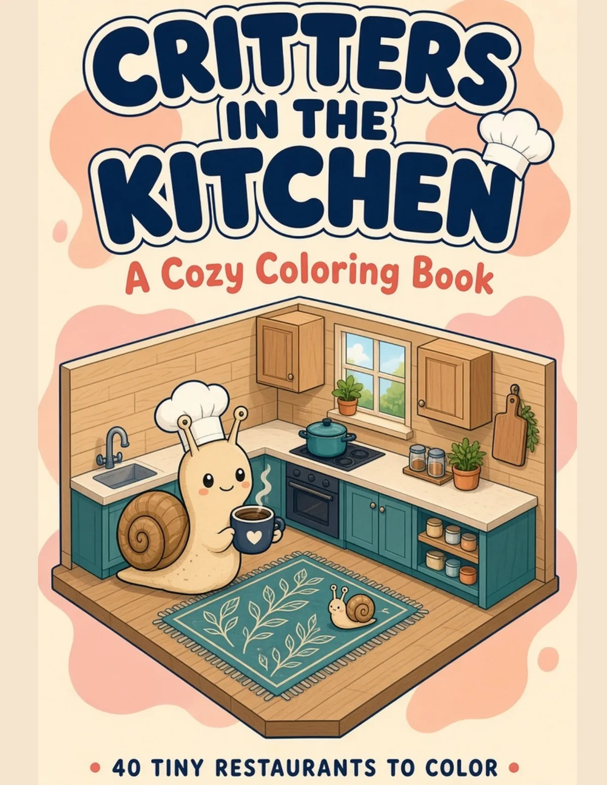 Front cover of Critters in the Kitchen, a cozy coloring book. A snail in a chef hat holds a steaming mug in a teal isometric kitchen, and a smaller snail sits on a leafy rug. The cover reads: 40 tiny restaurants to color.