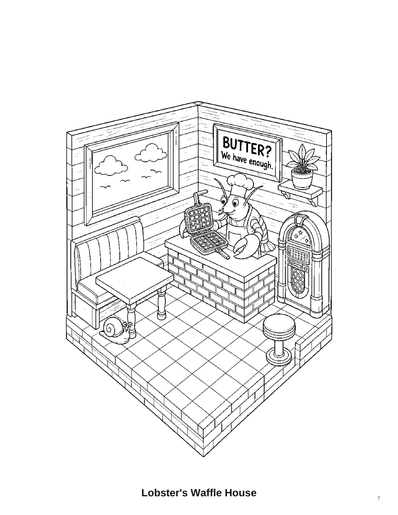 Isometric coloring page titled Lobster's Waffle House. A lobster chef stands behind a counter with a waffle iron, syrup, and a heart-shaped waffle. A booth and a potted plant sit to the left. A tiny snail is hiding in the scene.