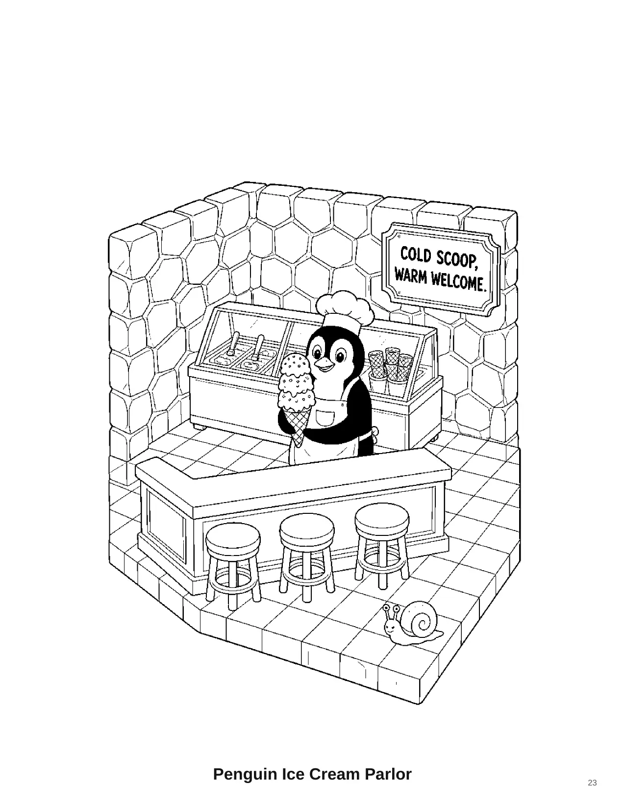 Isometric coloring page titled Penguin Ice Cream Parlor. A penguin chef holds a tall ice cream cone behind a counter of tubs and toppings. Stools line the counter. A tiny snail is hiding in the scene.