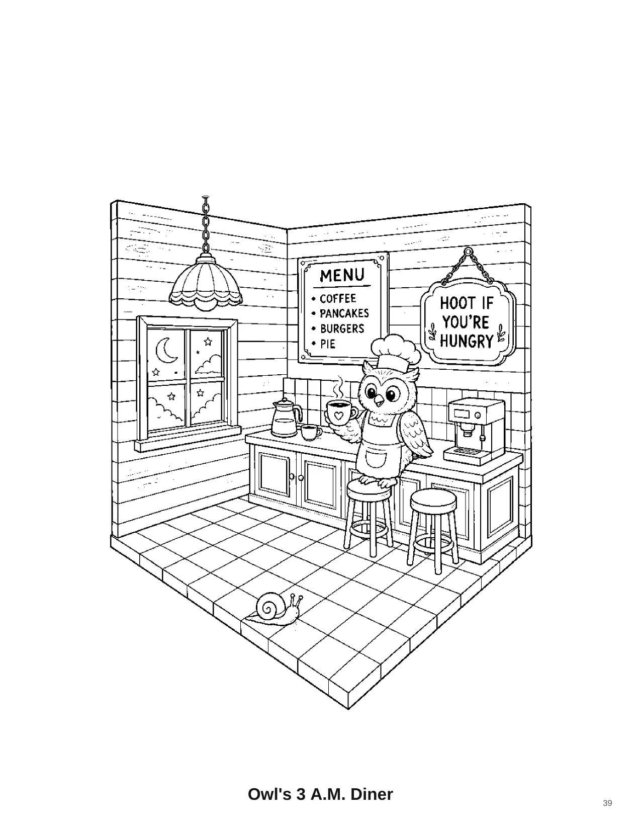 Isometric coloring page titled Owl's 3 A.M. Diner. An owl chef works a late-night counter with a coffee pot and a pie stand. A tiny snail is hiding in the scene.
