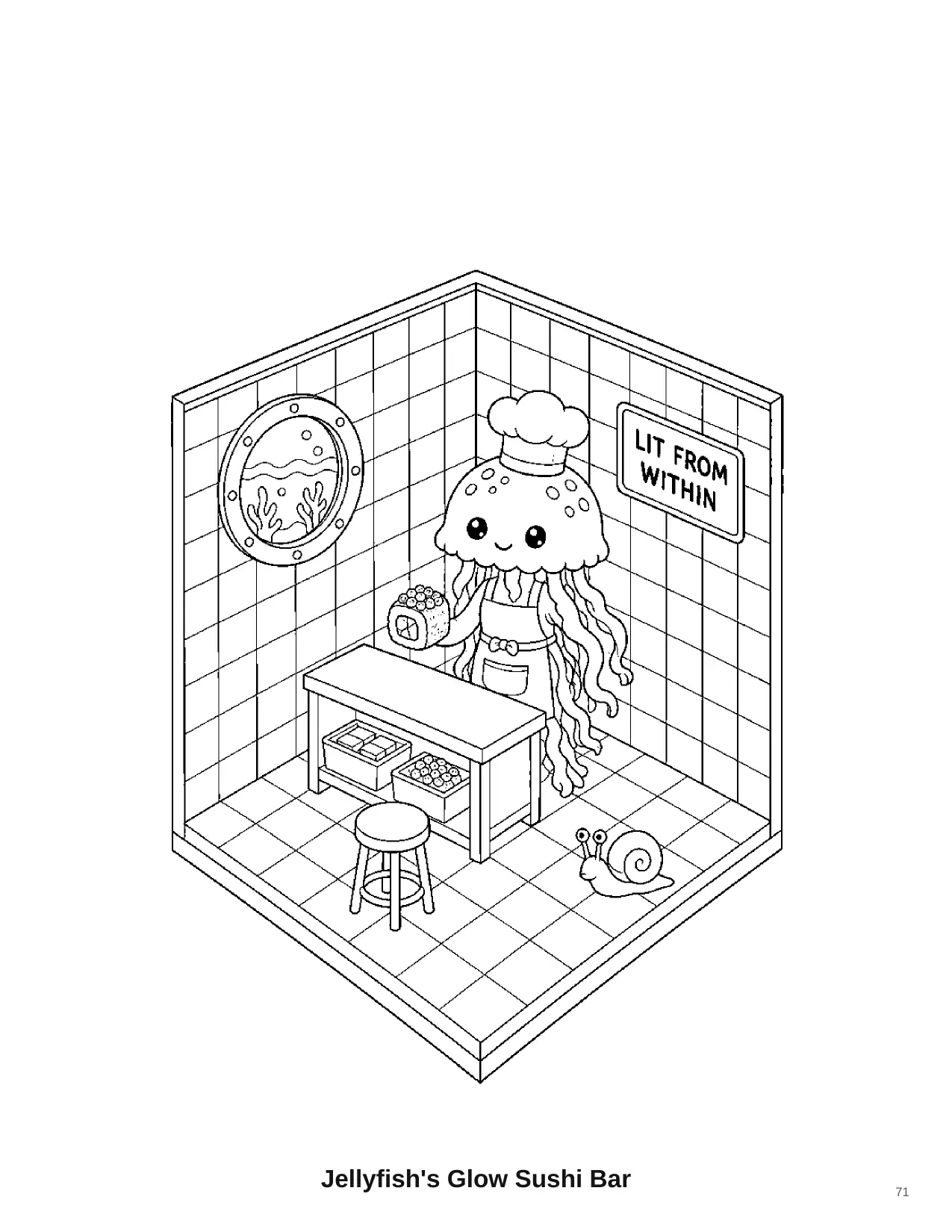 Isometric coloring page titled Jellyfish's Glow Sushi Bar. A jellyfish chef works behind a sushi counter. A tiny snail is hiding in the scene.