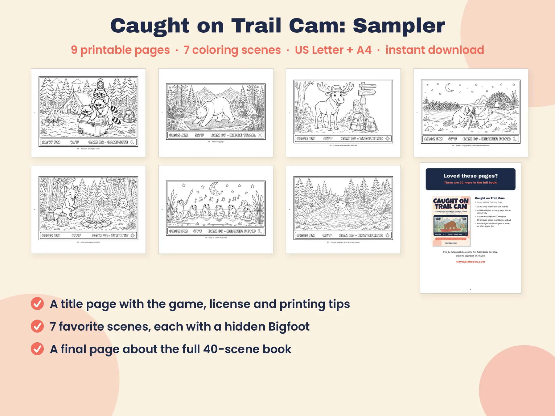 Preview of the Caught on Trail Cam sampler. The banner reads: 9 printable pages, 7 coloring scenes, US Letter and A4.
