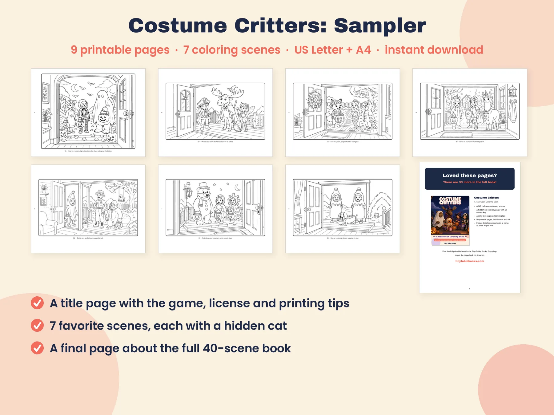 Preview of the Costume Critters sampler. The banner reads: 9 printable pages, 7 coloring scenes, US Letter and A4.
