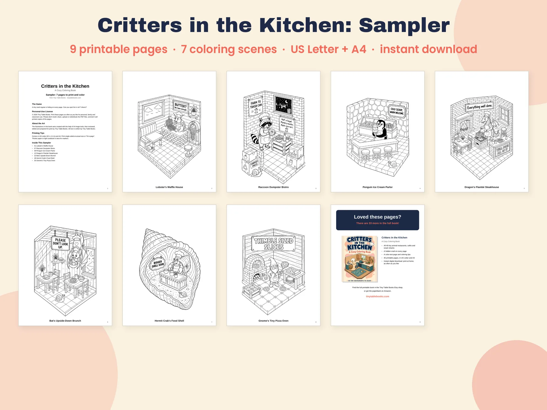 Preview of the Critters in the Kitchen sampler. The banner reads: 9 printable pages, 7 coloring scenes, US Letter and A4.